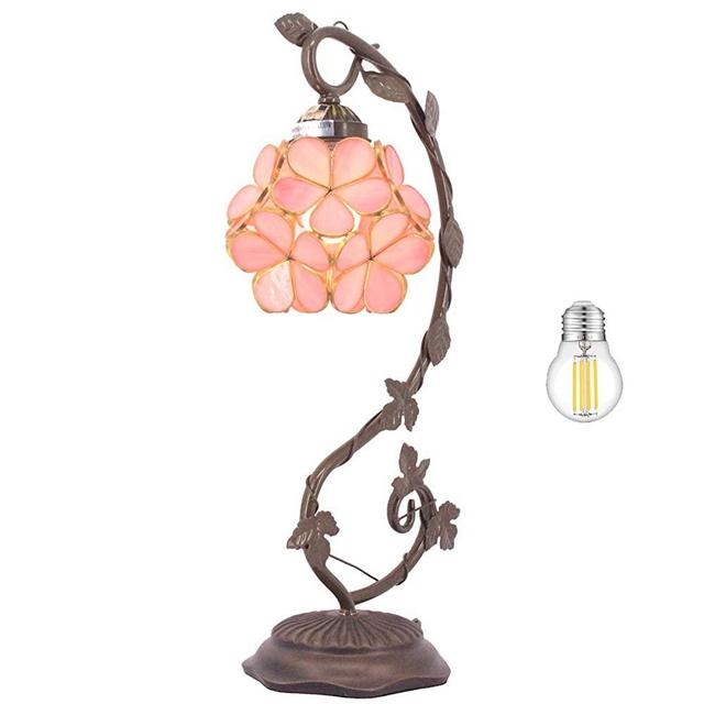 Stained Glass Lamp, Bedside Lamp, Tiffany Table Lamp, Pink Petal Copper Style Metal Leaf Base Reading Desk Light 21" Tall for Bedroom Living Room, Memory Lamp Sympathy WERFACTORY LED Bulb Included