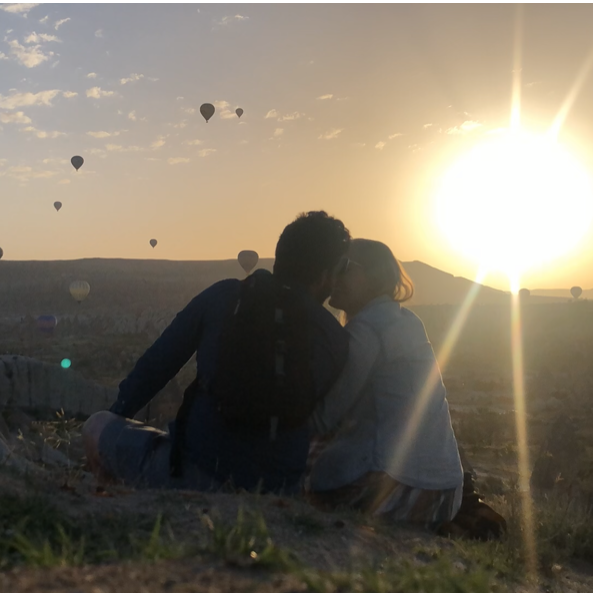 Hot air balloons at sunrise in Cappadocia.
