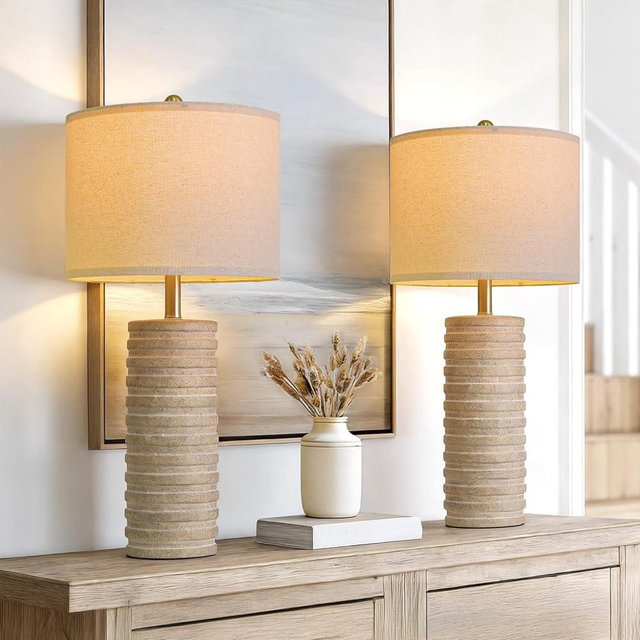 PoKat 27'' Farmhouse Table Lamps Set of 2 for Living Room, Stone-Like Bedside Lamp for Bedroom, Boho Ceramic Tall Lamps for Nightstand Office Sideboard Entryway Distressed (Antique Beige)