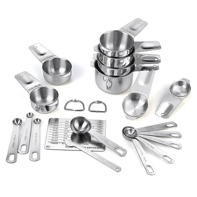 Measuring Cups and Spoons Set (19PCS Set - Stainless Steel), 8 Measuring Cups, 9 Measuring Spoons, 1 Leveler and 1 Magnetic Measurement Conversion Chart, Stackable for Easy Storage with Gift Package