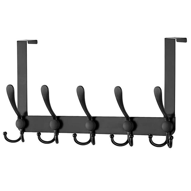Over The Door Hook Heavy Duty Door Hanger Coat Rack with 5 Tri Hangers for Hanging Keys Hats Clothes Umbrellas Towers on Back of Bathroom Bedroom Closet Doors(Black, 1 Pack)