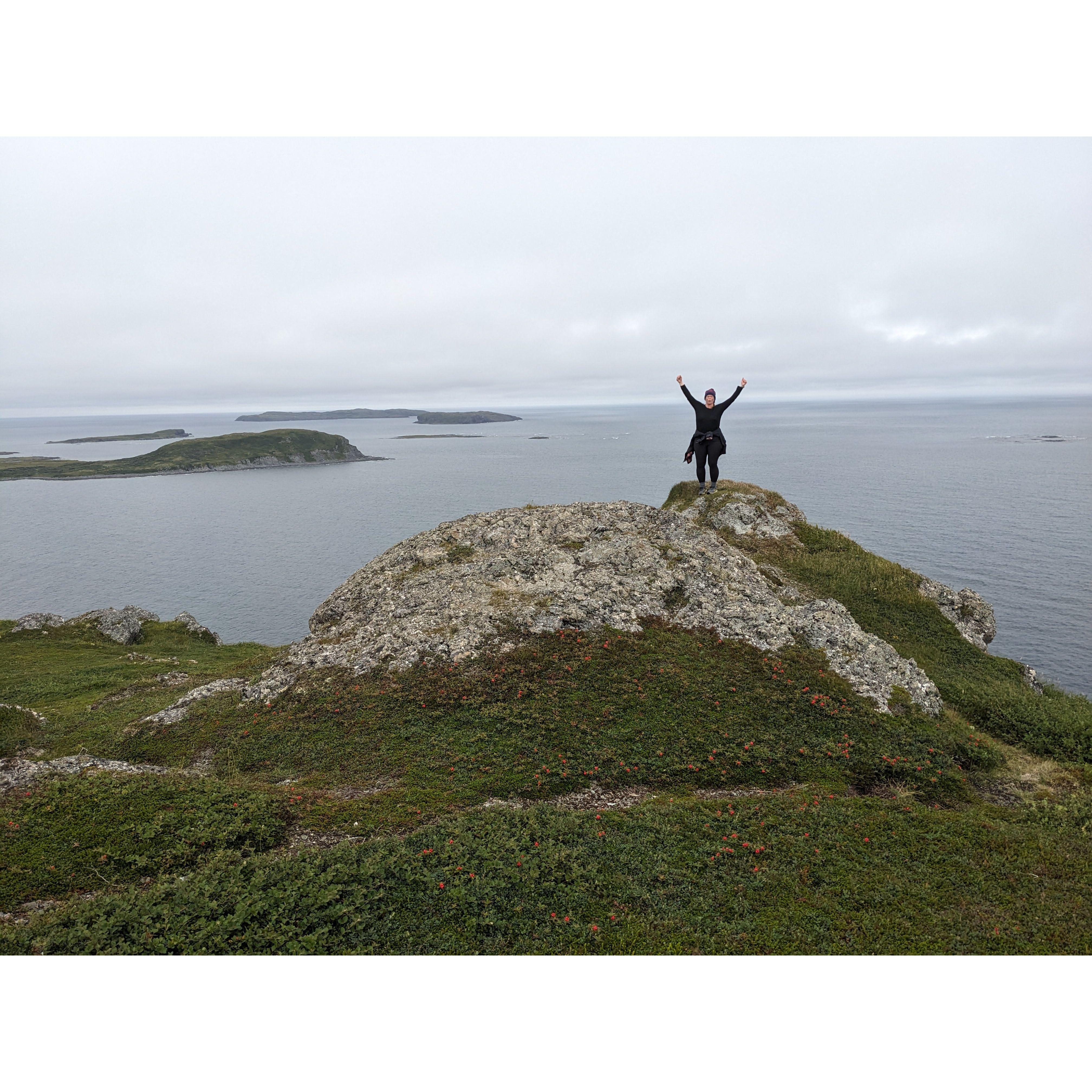 A newly-engaged Lisa on a Newfoundland hilltop.