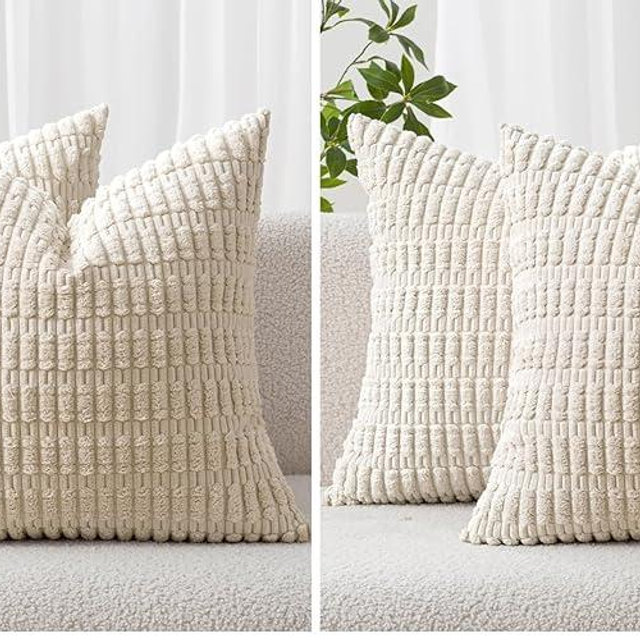 MIULEE Pack of 4 Corduroy Decorative Throw Pillow Covers 18x18 Inch Soft Boho Striped Pillow Covers Modern Farmhouse Home Decor for Sofa Living Room Couch Bed Cream White
