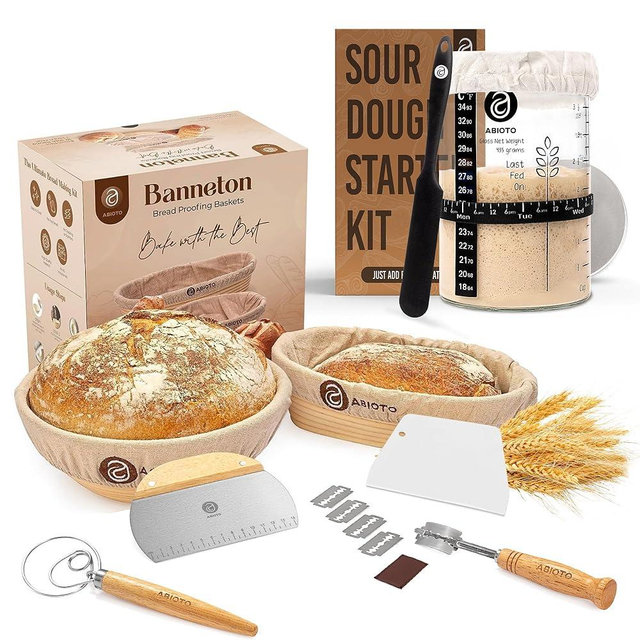 Sourdough Bread Baking Supplies and Starter Kit - Ultimate Bread Making and Sourdough Starter Kit with Proofing Baskets, Sourdough Jar, Bread Lame, Scrapers, and Danish Whisk