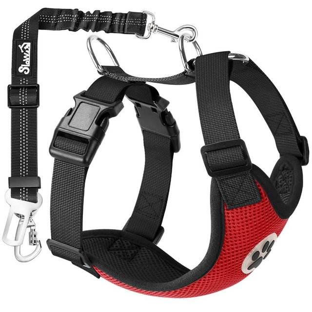 SlowTon Dog Seat Belt Harness for Car, Dog Car Harness Adjustable Mesh Breathable & Dog Seatbelt Safety Tether with Elastic Bungee for Small Medium Large Pets(Red, Double Clip, M)