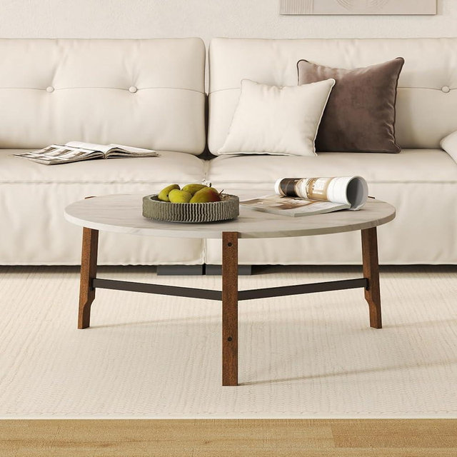 Ya-Home Modern Round Coffee Table, 36’’ Wooden End Table Mid-Century Side Table with Wood Legs Metal Support for Living Room Bedroom, White