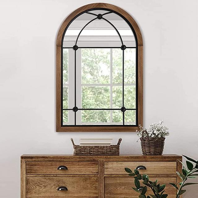 blue page Arched Mirror, Farmhouse Arch Mirror Wall Decor, Decorative Wall Mirror Like Window, Rustic Accent Mirror, Wood Framed Mirror for Bathroom Vanity, Bedroom, Entryway, Living Room