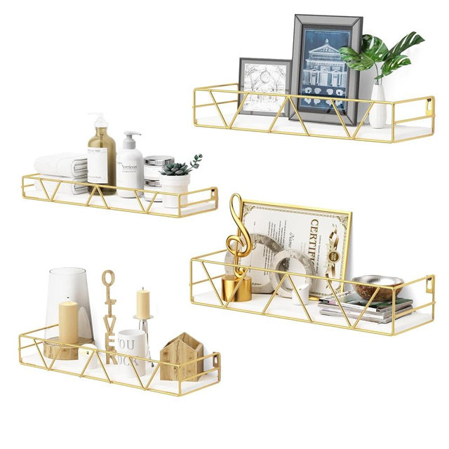 Amaoot Floating Shelves Set of 3, Home Wood Wall Shelf, Farmhouse Shelf for Bedroom, Wall Mounted Floating Shelf for Living Room, Bedroom, Bathroom, Kitchen, Office (Gold-4pcs)