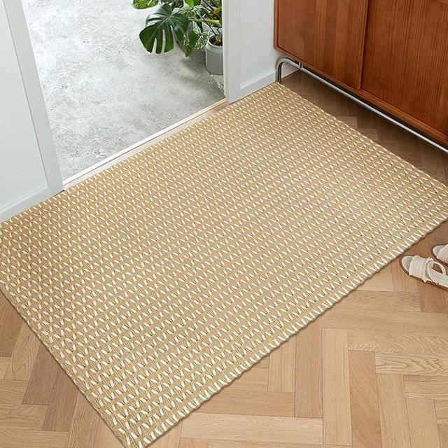 OJIA Washable Area Rug 3x5 ft Farmhouse Door Rugs for Entryway Indoor Cotton Hand-Woven Kitchen Rugs Front Door Rug Beige Outdoor Door Mat Entrance Rugs for Bedroom Living Room Bathroom