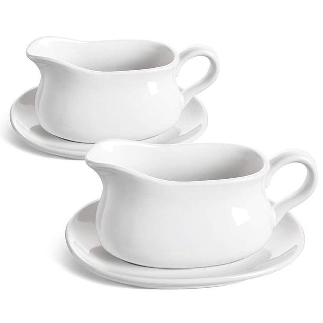 LE TAUCI 17oz Gravy Boat with Saucer Stand, 2 Sets, Ceramic Sauce Boat with Tray for Salad Dressings, Creamer, Broth, Black Pepper, WHITE…