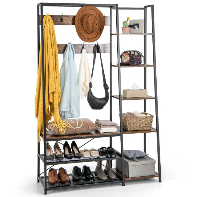 Costway 1 PC 5-In-1 Entryway Coat Rack Storage Shoe Bench Freestanding Wooden Hall Tree