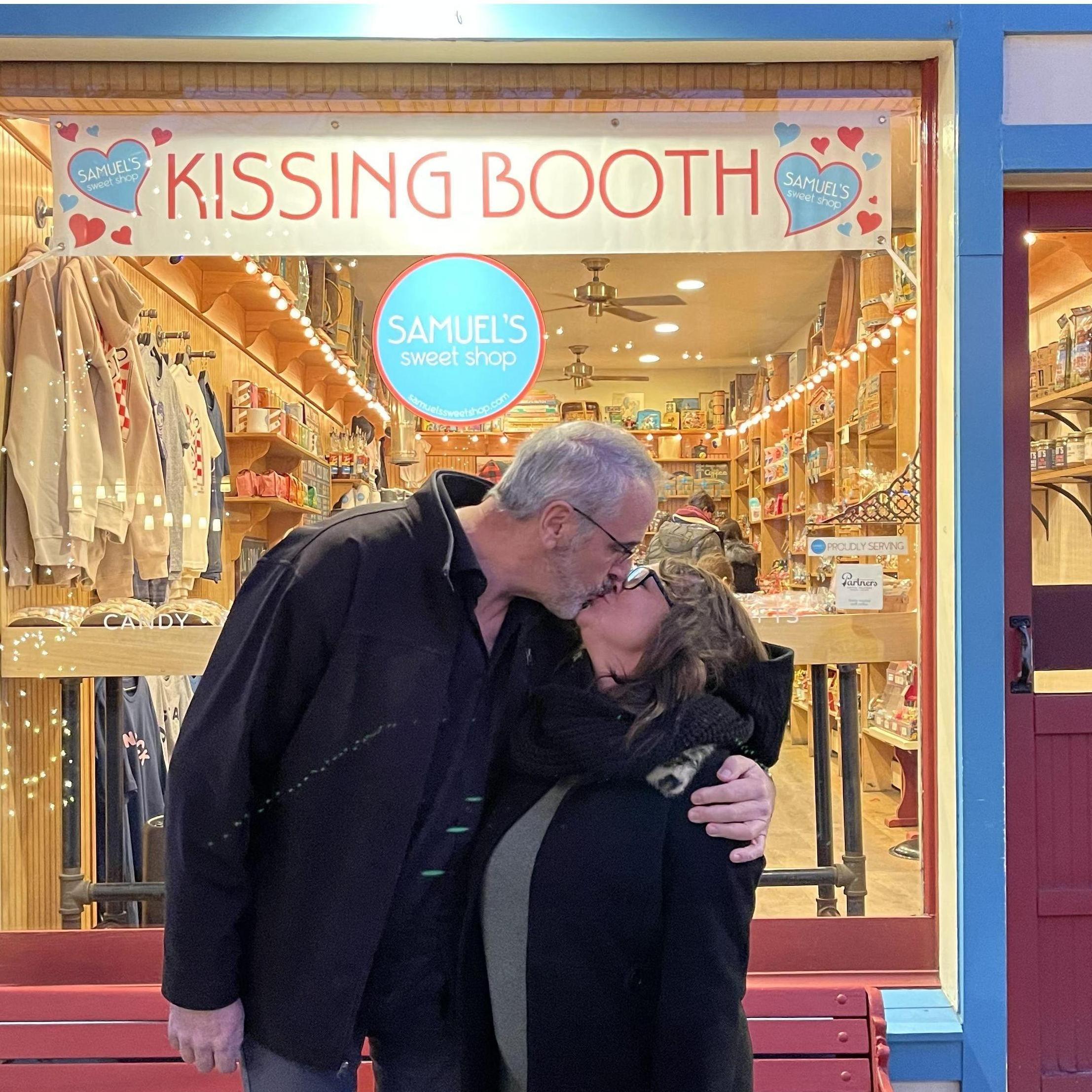 Back where we got engaged a month prior in Rhinebeck, Samuel's Sweet Shop promoted a Kissing Booth, so we were happy to oblige!