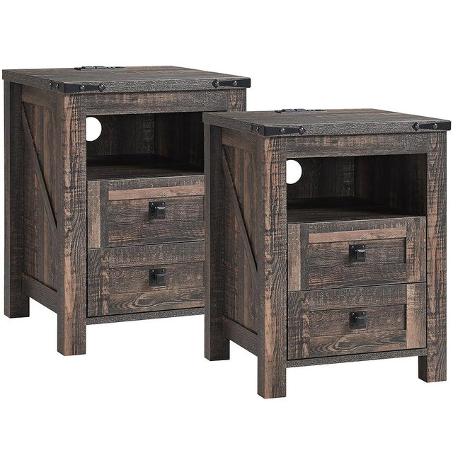T4TREAM Farmhouse Nightstand Set of 2, Rustic End Table with 2 Drawers, Charging Station, Storage Open Shelf for Bedroom, Living Room, Wood Side Table, Dark Rustic Oak