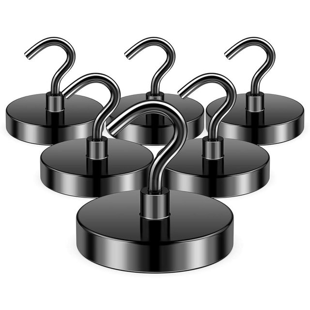 FINDMAG Black Magnetic Hooks, 130lbs Heavy Duty Magnetic Hooks for Hanging, Extra Strong Magnet Hooks, N52 Magnet Hooks for Cruise Cabins, Travel, 6 Pack