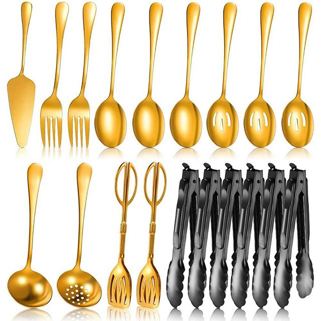 19 Pieces Serving Flatware Set Including Stainless Steel Spatulas, Forks, Spoons, Perforated Spoons, Soup Spoons, Skimmers Spoon, Buffet Tongs, Heavy Duty Black Serving Tongs for Home Buffet(Gold)
