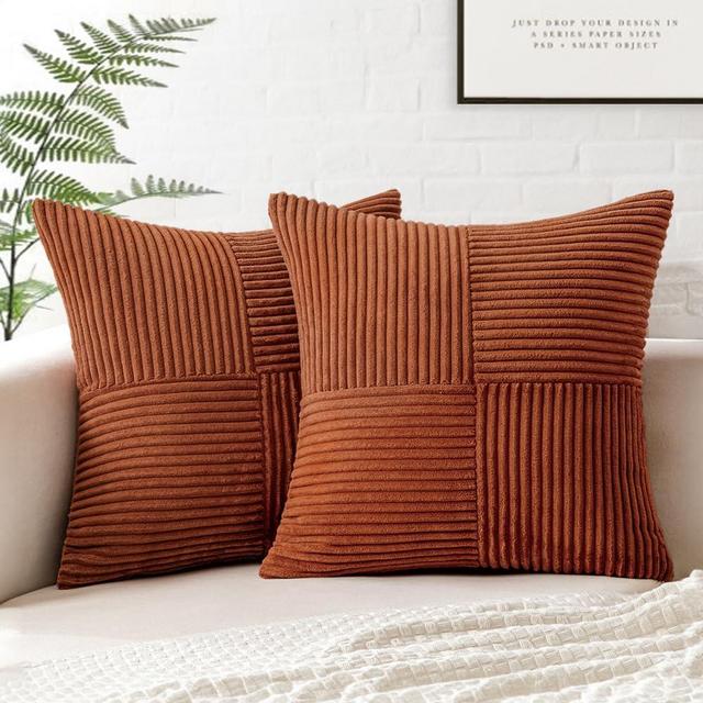 MIULEE Fall Dark Rust Corduroy Pillow Covers Pack of 2 Boho Decorative Throw Pillow Covers Soft Solid Couch Pillowcases Cross Patchwork Textured Cushion Covers for Living Room Bed Sofa 18x18 inch