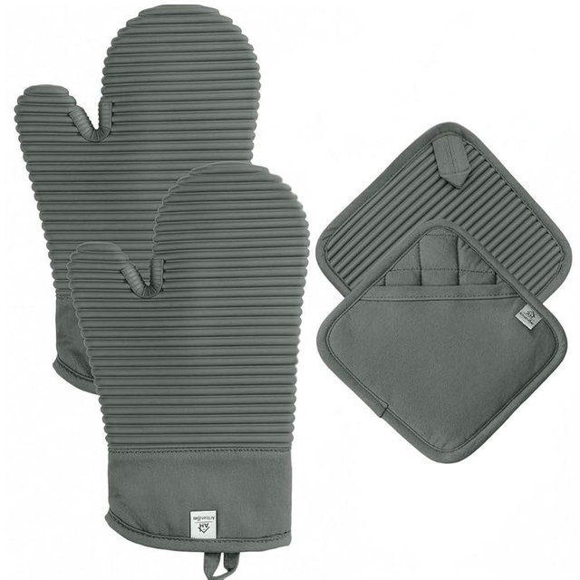 Extra Long Silicone Oven Mitts and Pot Holders Sets | Heat Resistant 500°F BPA-Free Food Grade Silicone Hot Pads & Kitchen Mittens | 4-Piece Set of Oven Gloves & Potholders for Kitchens- Gray