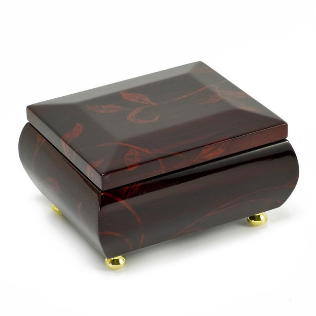 Burgundy Floral Music Jewelry Box: Beveled Top, Gold Hardware