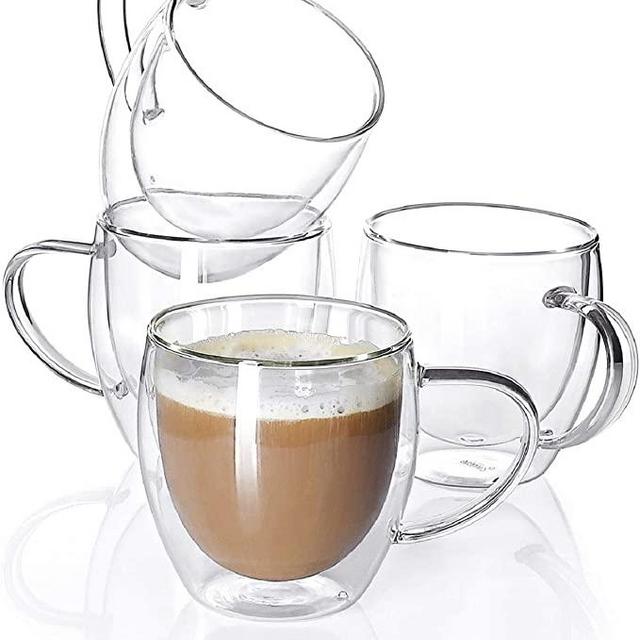 Sweese 415.101 Glass coffee mugs - 4PCS Double Wall Insulated Glass Coffee Tea Cup Set with Handle, Perfect for Espresso, Latte, Cappuccino, 8 oz