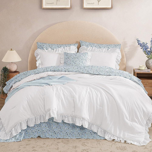 BLOOMHAVEN Queen Comforter Set - 7 Pieces Ruffle White Bedding Sets, Shabby Chic Farmhouse Bed in a Bag Queen with Ruffle Comforter, Floral Sheets, Pillowcases & Shams
