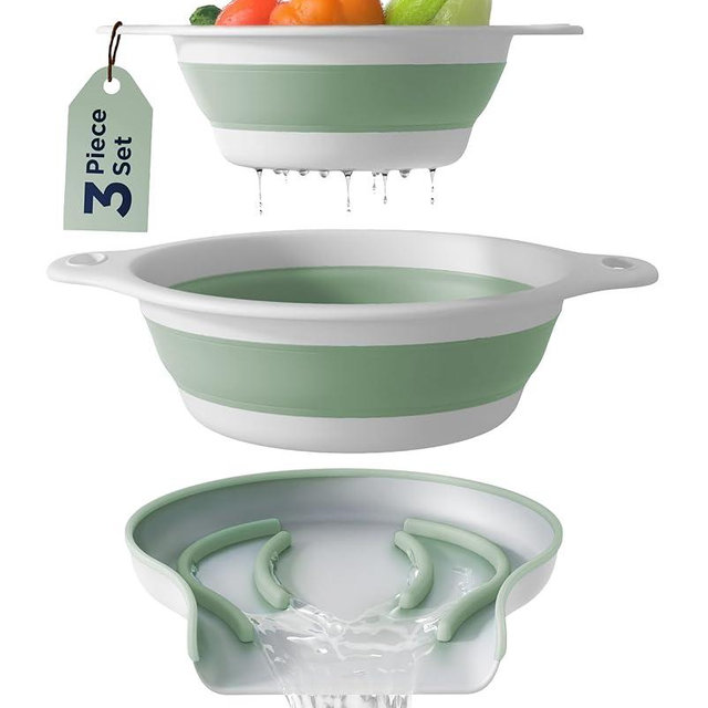Collapsible Colanders (2 Pack Set) Food Strainers with Over-Sink Water Draining Base for Pasta Fruits and Vegetables (4 and 5 Quart) - White/Sage