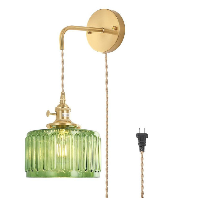 Shenmoyl Vintage Wall Sconce Wall Lamp with Green Striped Glass Shade Hanging Wall Sconce with 4.9FT Plug in Cord, Modern Wall Lamp Fixtures Decor for Bedside Bedroom Indoor Doorway
