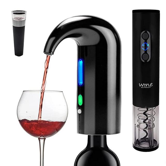Electric Wine Opener Set, Electric Wine Aerator Pourer Decanter 3-In-1, Vacuum Wine Stopper, Automatic Wine Dispenser Pump, Rechargeable Pourer Spout Wine Gift Set (Black)