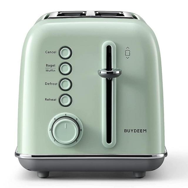 BUYDEEM Stylish Toaster, Extra Wide Slots, Retro Stainless Steel with High Lift Lever, Bagel and Muffin Function, Removal Crumb Tray, 7-Shade Settings (Cozy Greenish, 2-Slice)