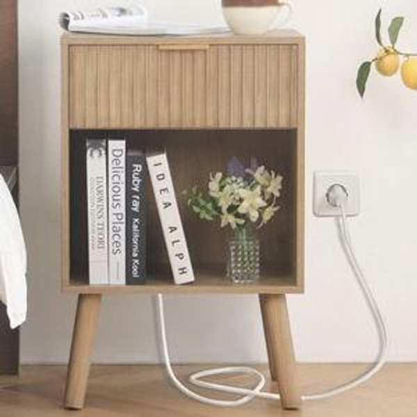 Wood Nightstand with Charging Station, Bedside Table with Fluted Drawers and Outlet, Boho Night Stand for Bedroom, Living Room, Office (Rustic Walnut)