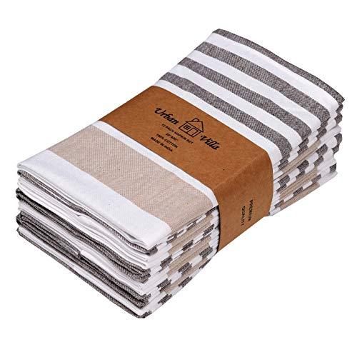 Urban Villa,Horizontal Stripes, Dinner Napkins,Taupe/Chocolate,Premium Quality,100% Cotton, Set of 12, Size 20X20 Inch, Over sized Cloth Napkins with Mitered Corners, UltraSoft, Durable Hotel Quality