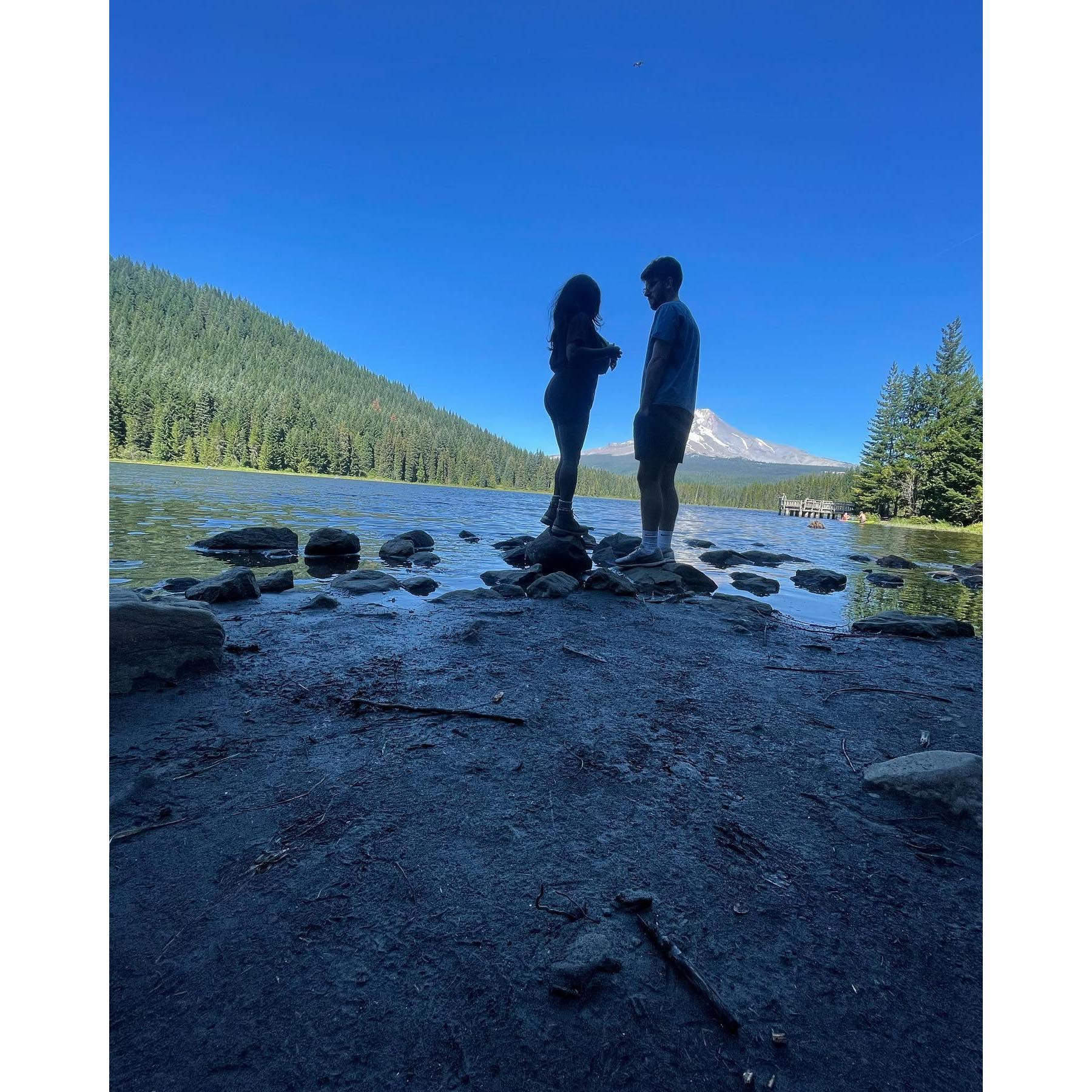 Lake Trillium in Oregon celebrating our 1st year of dating. To date, it's one of the brides favorite views