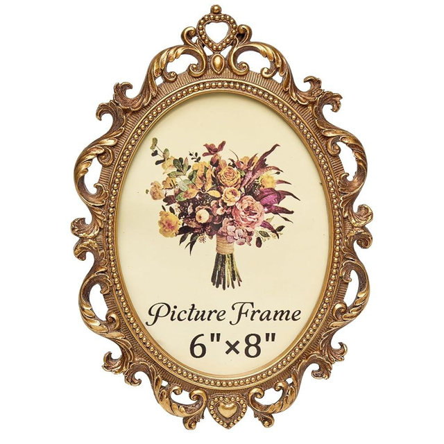 JANDERART Vintage Oval Picture Frame 6x8 Inch, Antique Ornate Photo Frames with Glass Front, Scroll Design, Tabletop & Wall Hanging, Photo Display, Gift Ideas, Gold