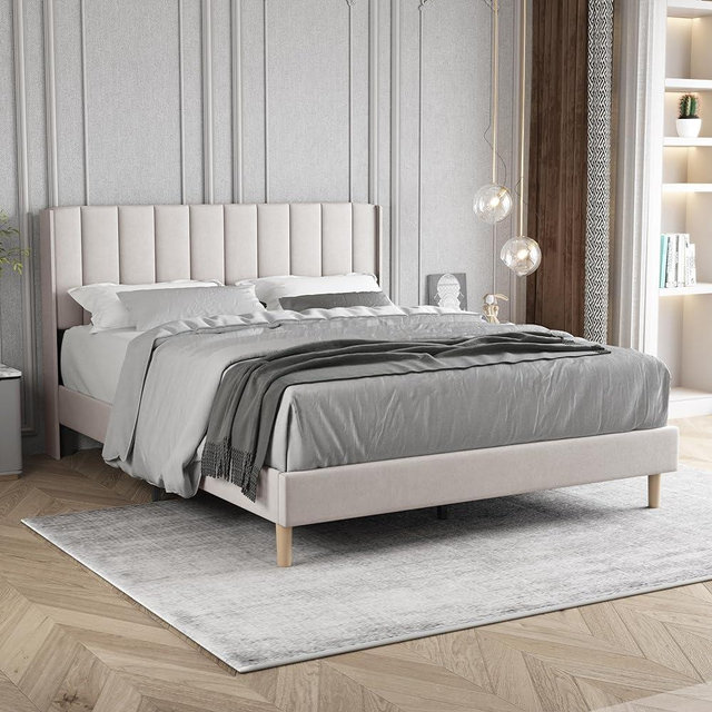 Zoophyter Upholstered Platform Bed Frame Queen Size with Headboard,Strong Wooden Slats Support No Box Spring Needed Easy Assembly Beige Velvet
