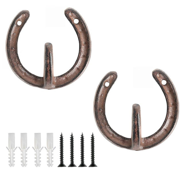 GEFFCC Horseshoe Hook, 2Pcs Lucky Vintage Cast Iron Wall Decor, Antique Sturdy Heavy Duty Wall Hangings, Easy Installation Wall Sculptures with Screws