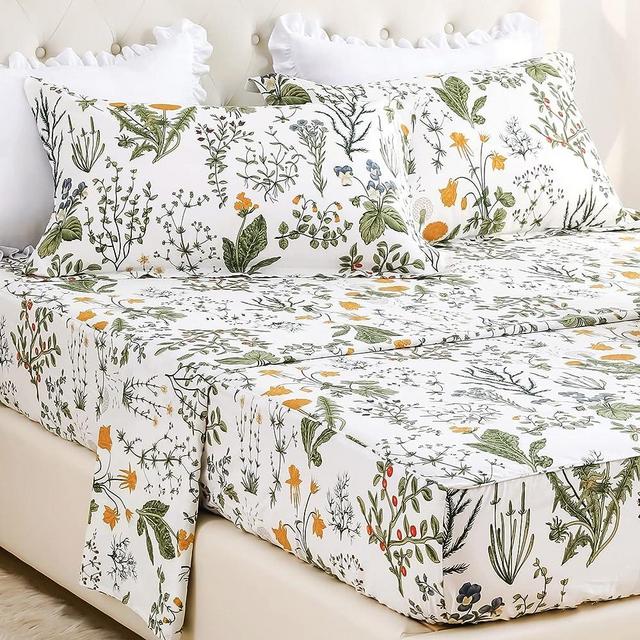 Lady Ann Floral King Size Sheets 100% Cotton - Yellow Flowers & Sage Leave Pattern Plant Botanical Printed Bed Sheets Deep Pockets Cotton Floral Bedding Extra Soft and Breathable 4pcs