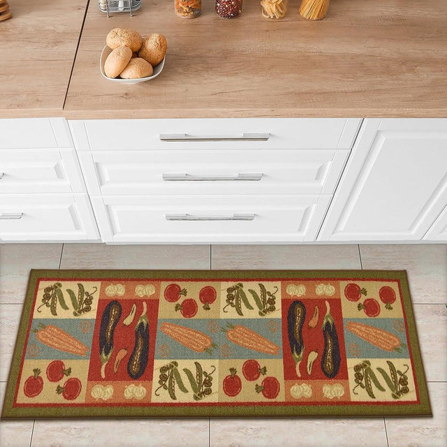 Machine Washable Vegetables Design Non-Slip Rubberback 2x5 Indoor Kitchen Runner Rug for Hallway, Kitchen, Living Room, Bedroom, Entryway, 20" x 59", Olive Green