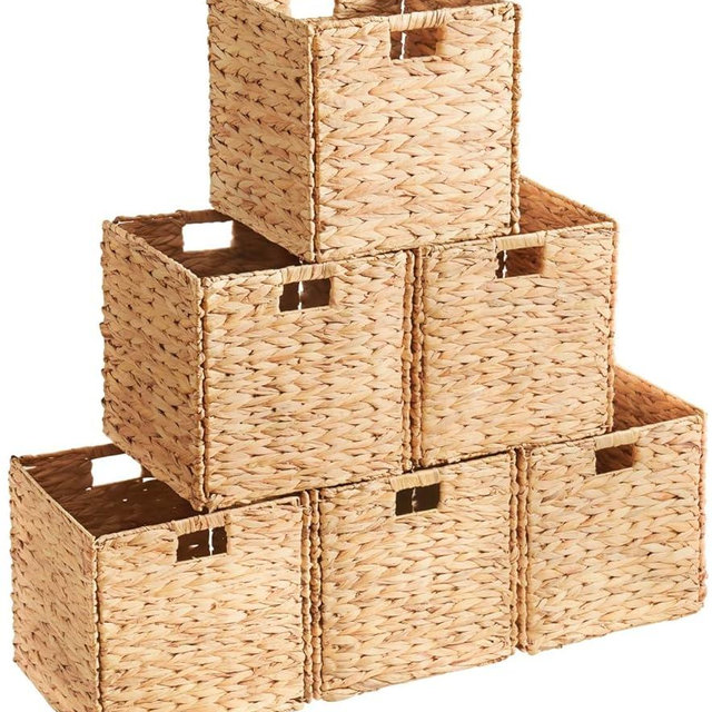 Ornavo Home 9 Inch Water Hyacinth Baskets Set of 6 – Handwoven Collapsible Wicker Storage Cube Bins with Handles for Bathroom, Bedroom, Laundry and Pantry - Natural