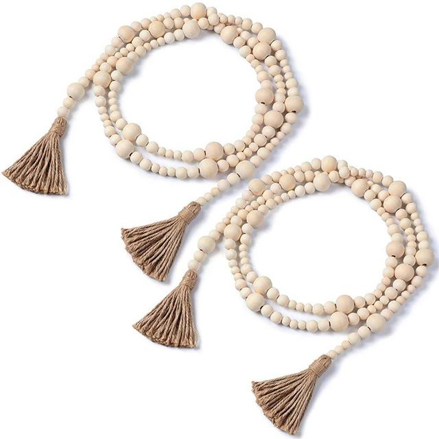 2 Pieces St. Patrick's Day Wood Beads Garland,14.8 Feet Tiered Tray Decor Farmhouse Wooden Bead Hanging Garland with Tassels for Natural Holiday Wall Home Decoration(Natural Wood Color)