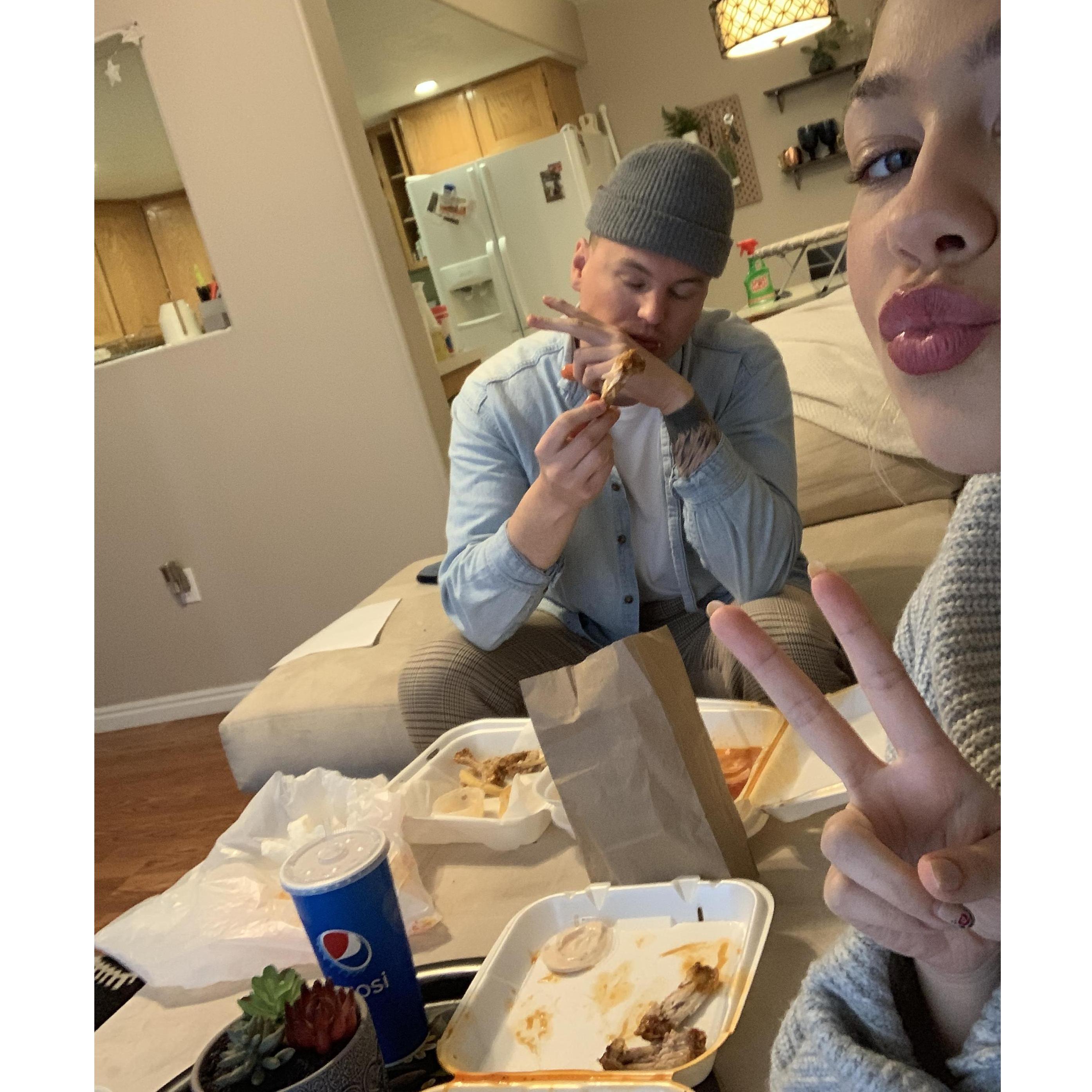 02/25/19 - eating their favorite food - chicken wings from Rocky Mountain Wing Shak