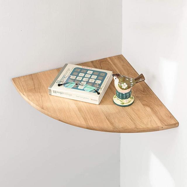 Corner Shelf 12inch Solid Oak Wood Floating Corner Shelf Wall Mount Round End Floating Speaker Shelf Display Shelf for Small Plant Photo Frame,Storage for Bedroom Kitchen,Living Room,Office