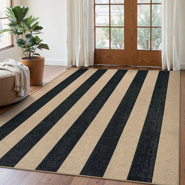 Lahome Elance Striped Easy Jute Outdoor Rug 5x7, Large Neutral Dining Living Room Rug, Farmhouse Non Slip Non Shedding Washable Indoor Outdoor Black Carpet for Office Deck Patio Backyard Bedroom