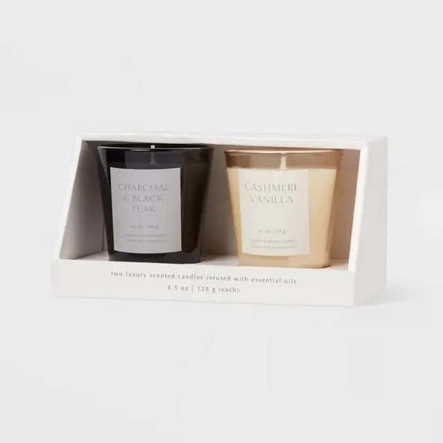 2pk 4.5oz Gift Set Cashmere Vanilla and Charcoal and Black Teak Votive Candle - Threshold™