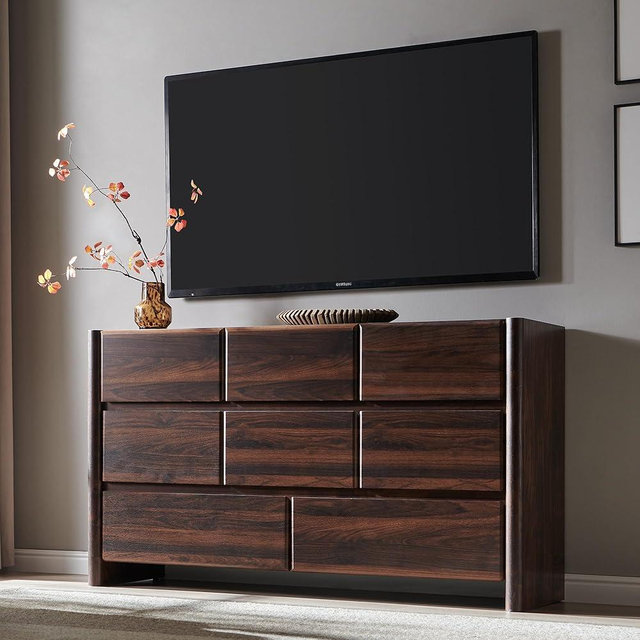 wow97e Modern 8 Drawers Dresser for Bedroom, 55" Wide Dresser w/Large Storage & Rounded Corner, Wood Handleless Chests of Drawers w/Natural Texture for Bedroom, Hallway, Living Room-Brown