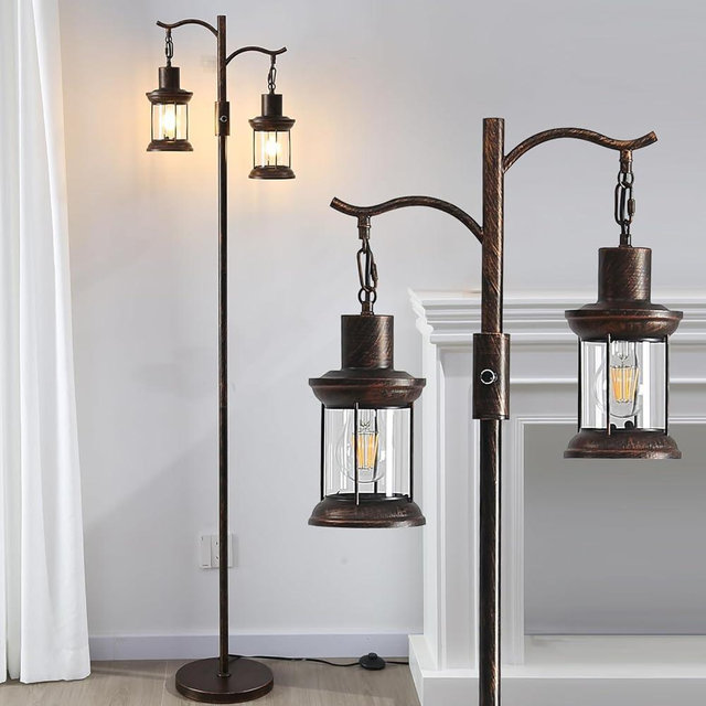 Asmymhd Vintage Dimmable Floor Lamp,2 Classical Lanterns Standing Lamp, Rustic Farmhouse Floor Lamp with Copper Black Finish, for Living Room (Red Copper)