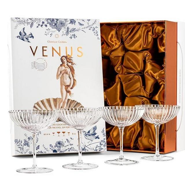 Venus Seashell Coupe Cocktail Glasses | Set of 4 | 8 oz Crystal Ribbed Champagne Saucers for Drinking P-Star and Espresso Martini, Margarita, Daiquiri, Cosmopolitan, Gimlet | Elegant Gift Glassware