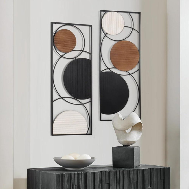 Oakrain 2 PCS Metal Wall Art for Home Decor, Large Abstract Wall Décor with Frame, Modern Minimalist Black and White Wall Sculpture for Living Room, Dining Room, Bedroom, Office, 35.4” x 13.7”