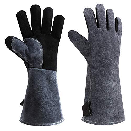 932°F Leather Heat Resistant Welding Gloves Grill BBQ Glove for Tig Welder/Grilling/Barbecue/Oven/Fireplace/Wood Stove - Long Sleeve and Insulated Cotton (Black-gray,16-inch)