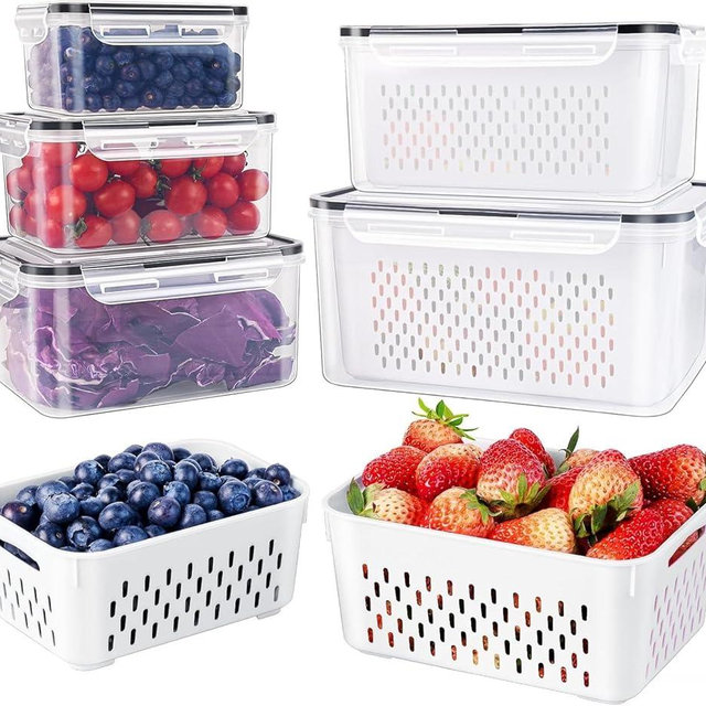 5 PCS Large Fruit Containers for Fridge - Leakproof Food Storage Containers with Removable Colander - Dishwasher & microwave safe Produce Containers Keep Fruits, Vegetables, Berry, Meat Fresh longer
