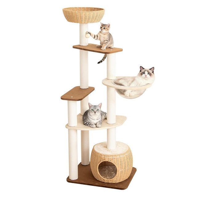 PETTIFUL Modern Cat Tree for Large Cat, 57-Inch Tall Cat Tower with Scratching Post for Indoor Cats, Multi-Level Cat Condo with Hand-Woven Cat Bed and Acrylic Bowl (White 81007DD)