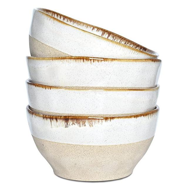 Bosmarlin Ceramic Soup Bowl Set of 4, 28 Oz, Cereal Bowl for Oatmeal, Dishwasher and Microwave Safe (Beige, 6 inches)